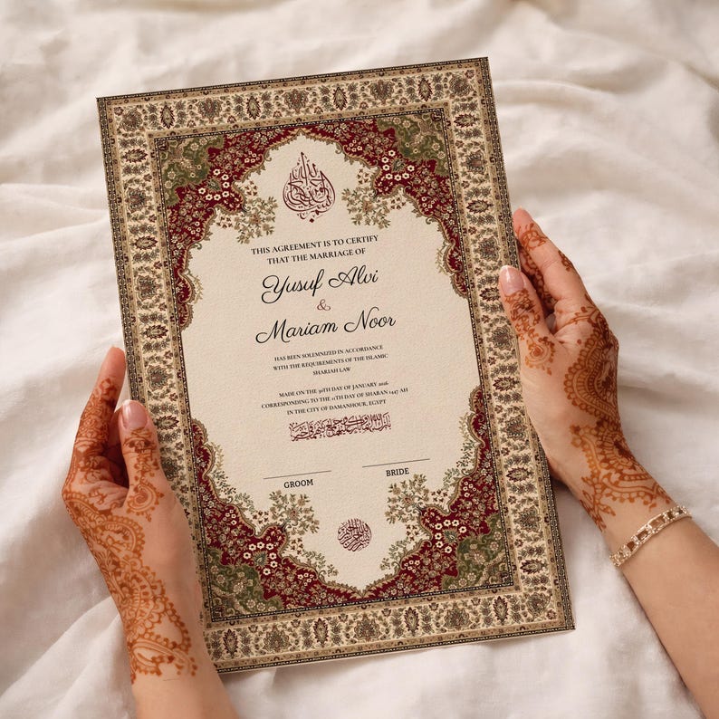 May include: A wedding certificate with a decorative border in burgundy, green, and gold, held by hands with henna tattoos. The text reads "Yusuf Alvi & Mariam Noor".