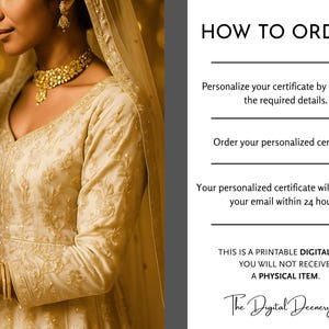 May include: A woman in a gold-coloured, embroidered dress and jewellery, holding a framed item. The image includes text: "HOW TO ORDER?" and details about a printable digital file.