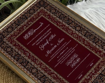 Certificado Nikkah tradicional vermelho, Nikah Nama personalizado e editável, Contrato de casamento muçulmano, modelo de arquivo PDF imprimível em A3 e A4.
