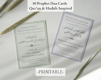 May include: Two printable Dua cards with Arabic text and English translations. The cards are light green and gray, with the text "30 Prophet Dua Cards" and "Qur'an & Hadith Inspired." The cards are decorated with sprigs of wheat.