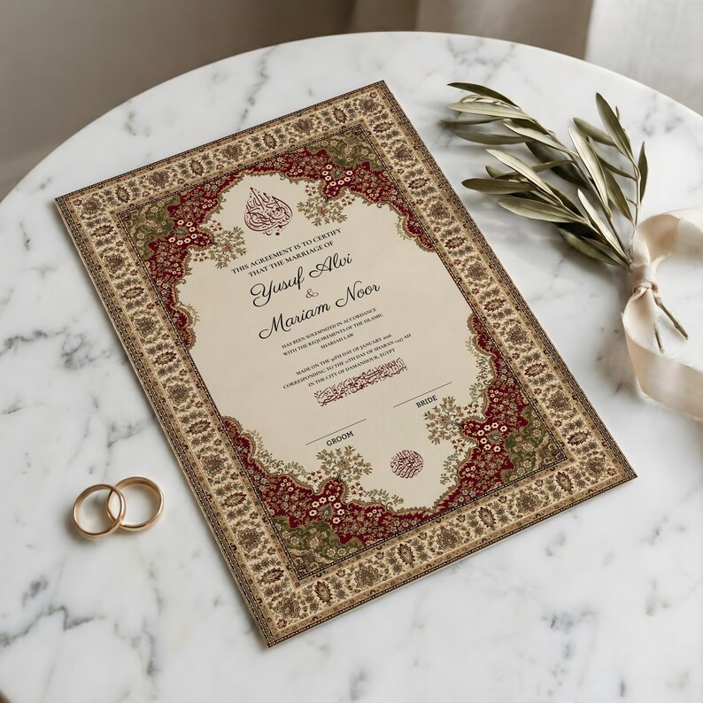 May include: A decorative wedding certificate with a beige background and intricate red and green borders. The names "Yusuf Alvi & Mariam Noor" are displayed. Two gold wedding rings are placed near the document.