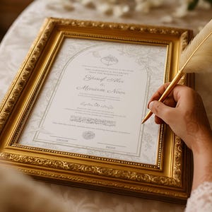 May include: A framed wedding certificate with gold accents. The certificate is in a gold ornate frame. A hand holds a gold pen with a feather tip, ready to sign the document. The certificate is for the marriage of Yusuf Alix and Mariam Noor.