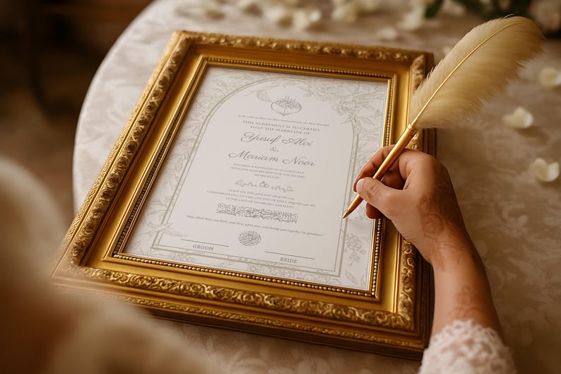 May include: A framed wedding certificate with gold accents. The certificate is in a gold ornate frame. A hand holds a gold pen with a feather tip, ready to sign the document. The certificate is for the marriage of Yusuf Alix and Mariam Noor.