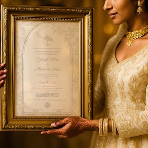 May include: A framed wedding certificate with gold accents, held by a person wearing a gold embroidered dress and jewelry. The certificate features the names "Yusif Ali" and "Mariam Noor". The frame is rectangular with ornate detailing.
