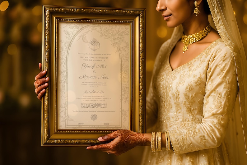 May include: A framed wedding certificate with gold accents, held by a person wearing a gold embroidered dress and jewelry. The certificate features the names "Yusif Ali" and "Mariam Noor". The frame is rectangular with ornate detailing.