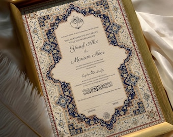 Beige Blue Frame Nikkah Contract, Personalized Editable Nikah Nama, Muslim Wedding Certificate Sign, A3 A4 Printable PDF File Template