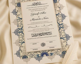 Certificado islámico de Nikkah con diseño floral azul marfil, nombres personalizados, contrato de matrimonio musulmán digital, letrero de matrimonio imprimible A3, A4