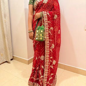 Red Bandhani Georgette Saree: Heavy Gotta Patti Work, Unstitched Blouse