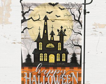 Joyeux Halloween - Spooky House - Drapeau de jardin à paillettes - 12,5" x 18"