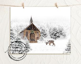 Winter Wonderland - Farmhouse Church - 8x10 or 11x14 Art Print - By Jennifer Pugh