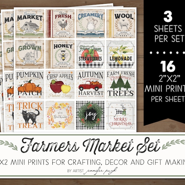 2x2 FARMERS MARKET - Mini Art Prints -  Set of 3 - 8.5"X11" sheets - by Jennifer Pugh