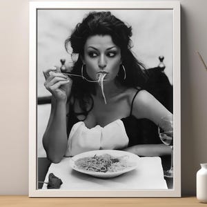 Italian Woman Eating Spaghetti Poster, Black and White Vintage Photo, Pasta Print, Dining Room Decor, Kitchen Wall Decor