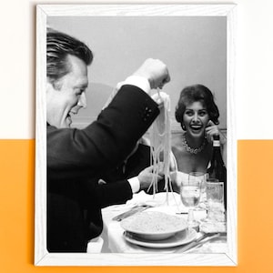 Italian Eating Spaghetti Poster, Black and White Vintage Photo, Pasta Print, Dining Room Decor, Kitchen Wall Decor