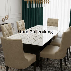 Mesa de comedor rectangular de piedra blanca con incrustaciones doradas | Mesa de lujo con diseño de espiga | Mesa de comedor de mármol | Decoración de cocina moderna a medida