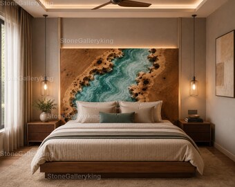 Teal Epoxy River Bed Headboard Ocean Blue River Headboard, Live Edge Wood Headboard Resin River Headboard, Teal Resin River Wood Headboard,