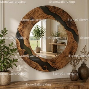Round Wood Resin Dining Table, Live Edge River Table, Black Epoxy Round Table,Live Edge Round Dining Table Round Epoxy River Dining Table,