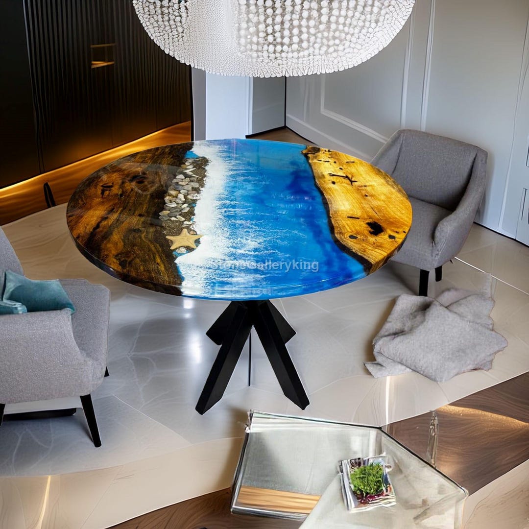 Round Blue Ocean Epoxy Table | Handmade Live Edge Wood & Resin Wave Art ...