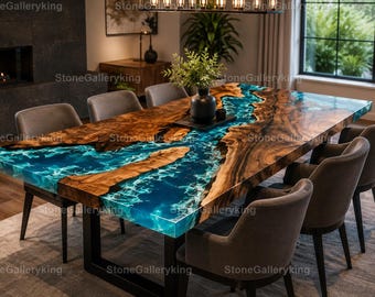 Blue Epoxy River Dining Table Turquoise Epoxy River Dining Table, Luxury Epoxy River Dining Table Custom Ocean River Table Blue River Table