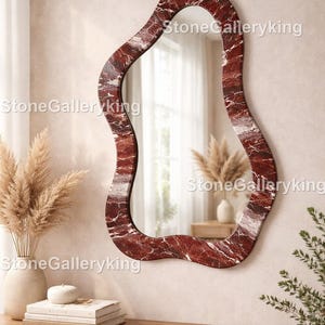 Red Marble Irregular Wall Mirror, Organic Shape Stone Frame Mirror, Modern Luxury Statement Mirror,Luxury Red Marble Irregular Mirror