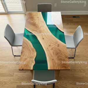 Eettafel van hout met natuurlijke randen en groene epoxy riviermotief | Rechthoekige hars tafel | Handgemaakte moderne eetmeubelen | Luxe groene epoxy riviermotief tafel