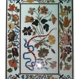 White Marble Inlay Table Top | Handmade Pietra Dura Floral Art | Agra Marble Dining Coffee Table | Indian Stone Inlay Decor