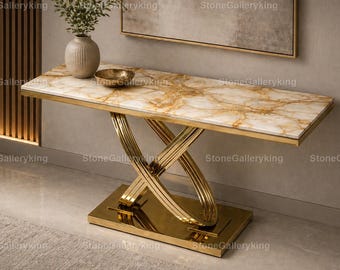 Consolle di lusso in marmo con base a X dorata | Tavolino da ingresso moderno | Mobile di design per corridoio | Tavolino da divano con piano in marmo