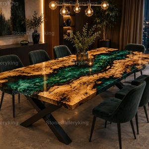 Green Epoxy River Dining Table, Live Edge Wood Dining Table, Luxury Resin Dining Table,Handmade Green Resin Luxury Epoxy River Dining Table