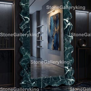 Luxury Emerald Marble Wall Mirror,Handmade Dark Green Marble Floor Mirror Luxury Wavy Wall Mirror, Dark Green Marble Handmade Stone Mirror