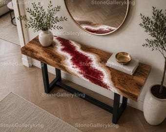 Handmade Red Epoxy River Console Table  Luxury Red Resin River Console Table Custom Red Epoxy Console Table Red Epoxy Console Table