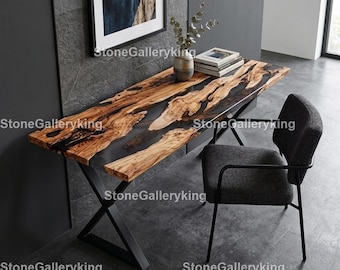 Live Edge Wood Black Epoxy Console Table, Black Epoxy River Console Table,Handmade Wood & Black Epoxy River Live Edge Resin Console Table