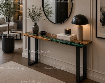 Green Epoxy River Console Table Handmade Green Epoxy River Console Table Luxury Resin Console Table Modern Green Epoxy Console Table