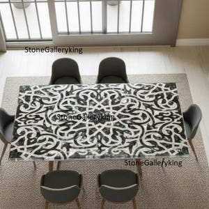 Islamic Geometric Black Marble Dining Table Top | Moroccan Style Hand-Inlaid Shell Arabesque Tabletop | Luxury Statement Décor