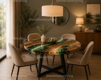 Emerald Green Epoxy River Round Dining Table  Live Edge Wood Resin Table Round Green Epoxy River Dining Table Luxury Round Resin River Table