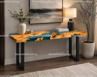 Blue Epoxy River Console Table | Turquoise Epoxy River Console Table Live Edge Wood Console Table Live Edge Wood & Blue Resin Console Table
