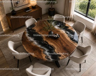 Round Black Epoxy River Dining Table Luxury Round Walnut Burl Epoxy Dining Table Handmade Round Epoxy River Round Wood Black Epoxy Table