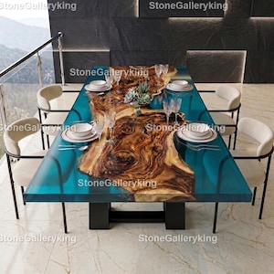 Blue Epoxy River Dining Table Rectangle Live Edge Wood Slab Table Resin Dining Table |Blue Resin River Dining Table Modern Rectangular Table