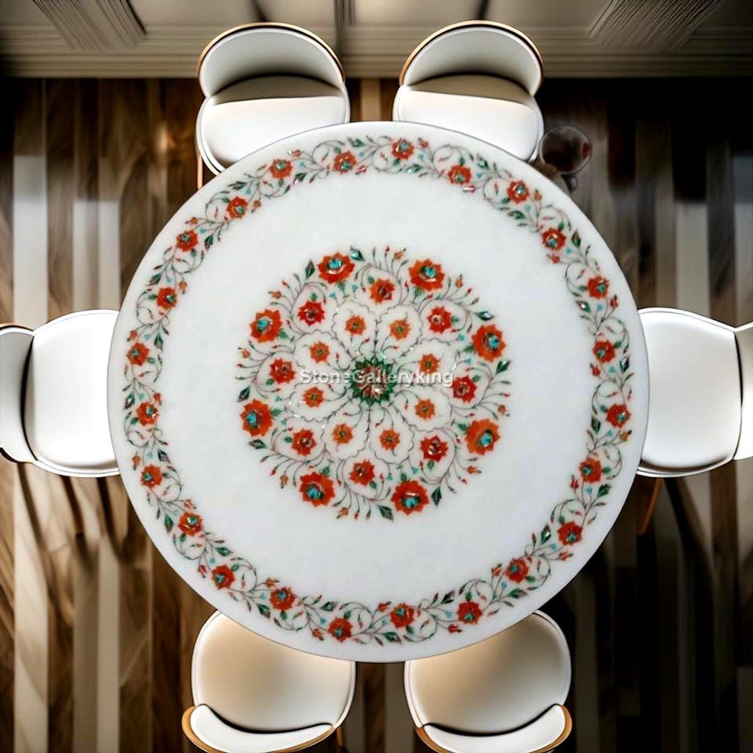 White Marble Round Table Top With Red & Teal Floral Inlay | Handmade ...