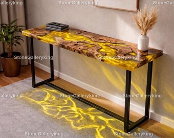 Live Edge Wood & Yellow Epoxy River Console Table,Handcrafted Live Edge Console Table with Yellow Epoxy River, Modern Wood Entry Table,