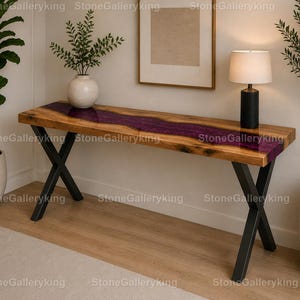 Luxury Purple Epoxy River Console Table, Live Edge Wood Entryway   Sofa Table Handmade Hallway Furniture Purple Resin River Console Table