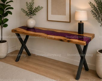 Luxury Purple Epoxy River Console Table, Live Edge Wood Entryway   Sofa Table Handmade Hallway Furniture Purple Resin River Console Table