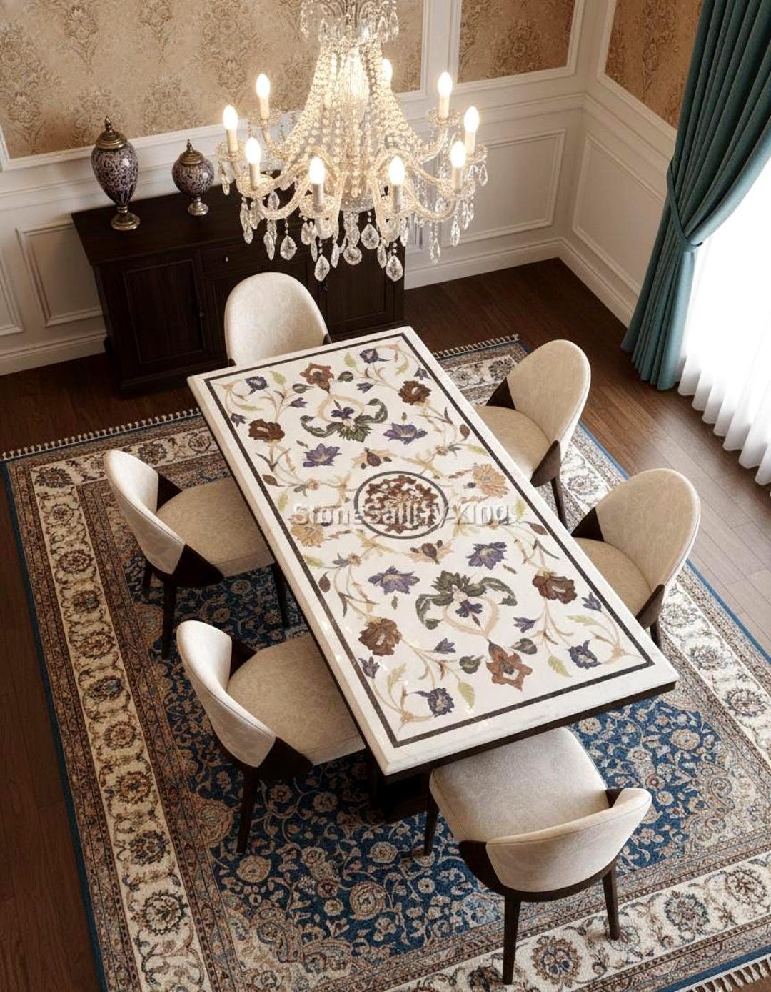 Marble Table Pattern White Marble Inlay Table | Floral Pattern Dining Table | Semi-precious ...