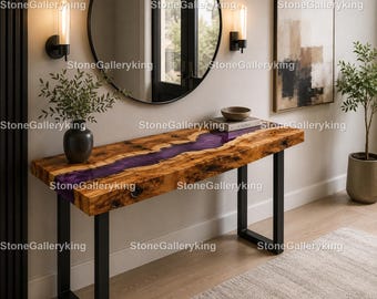 Purple Epoxy River Console Table Purple Resin River Console Table Handcrafted Purple Epoxy River Table | Live Edge Wood Console Table