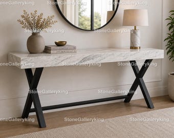 Handgemaakte consoletafel van Calacatta-marmer, blad van Calacatta-marmer, luxe consoletafel van Calacatta-marmer, moderne consoletafel van Calacatta-marmer.