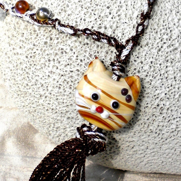 Cat Necklace brown tassel necklace crazy cat lady gift red tabby cat necklace cat jewelry