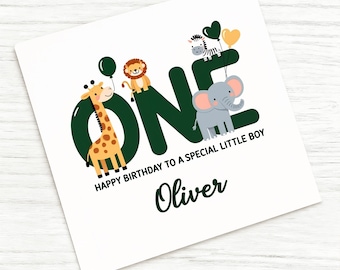Biglietto di auguri di compleanno personalizzato per bambini - Biglietto di auguri per il primo compleanno - Tema Safari - Compleanno in famiglia - Regalo per il primo compleanno - Per bambino