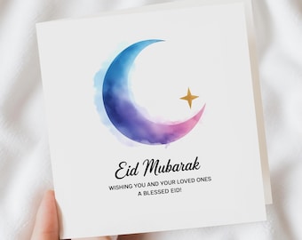 Eid Mubarak hälsningskort - Eid hälsningskort - Eid present till familjen - akvarell halvmåne och stjärndesign