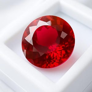 May include: A large, oval-cut, deep red gemstone displayed in a white square case. The gem's facets catch the light, creating a vibrant display. The background is a white, draped fabric, enhancing the gem's colour.