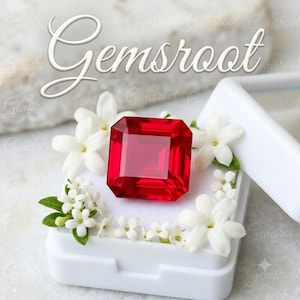 May include: A square-cut, vibrant red gemstone displayed inside a white jewelry box. The gemstone is surrounded by small, white jasmine flowers. The word Gemsroot is written in a large, white, cursive font above the gemstone and box.