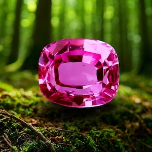 Puede incluir: Una gema rosa tallada en cojín con múltiples facetas. La gema es de un tono rosa vibrante, con múltiples facetas que reflejan la luz. El fondo es una escena borrosa de un bosque con follaje y musgo verdes.
