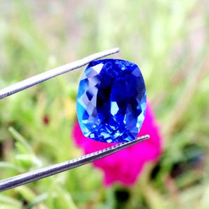K&ouml;nnte beinhalten: Ein facettierter, kissenf&ouml;rmiger, tiefblauer Edelstein wird von einer silbernen Pinzette gehalten. Die Facetten des Edelsteins reflektieren das Licht und erzeugen ein brillantes Funkeln. Der Hintergrund zeigt verschwommenes gr&uuml;nes Laub und eine leuchtend rosa Blume.